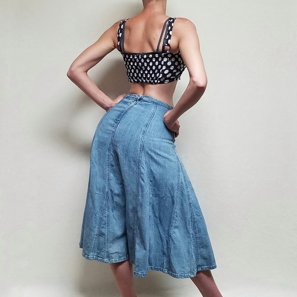 VINTAGE 1990s Light Wash Stone Wash High Rise Stretchy Midi Denim Panel Skirt M - Picture 3 of 11